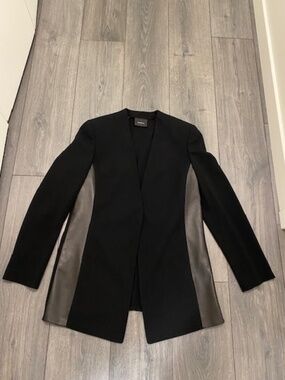 Akris Wool Leather Accent Black Blazer Jacket Size 10